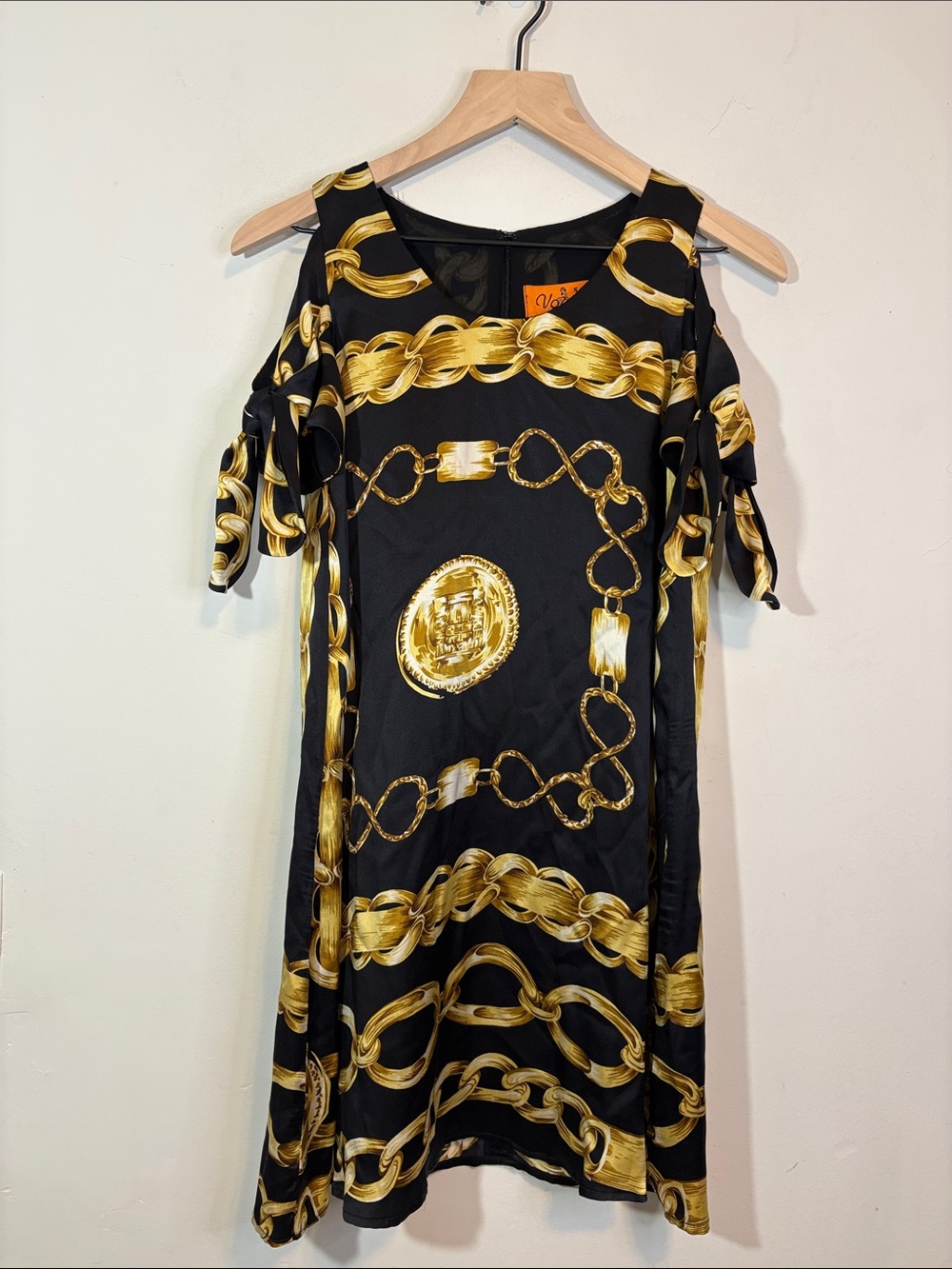 Gold Chain Medallion Print True Y2K Voom by Joy Han Silk Dress Open Shoulder Tie